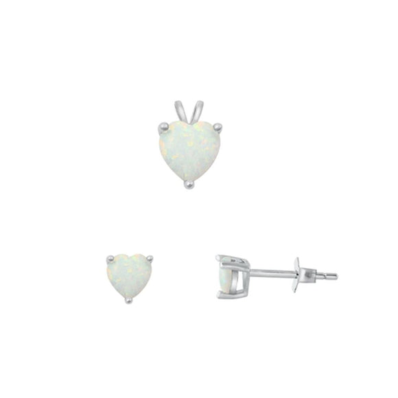Sterling Silver 4mm White Synthetic Opal Earrings & 6mm Heart Pendant Set 925