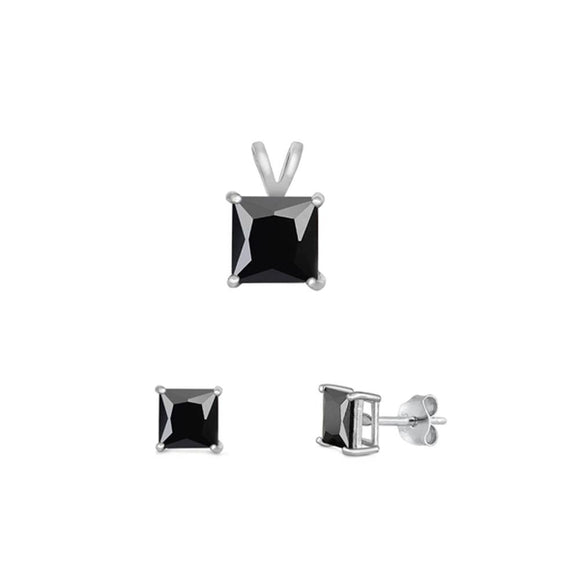 Sterling Silver Princess Cut 4mm Black CZ Earrings & 6mm Pendant Set 925 New