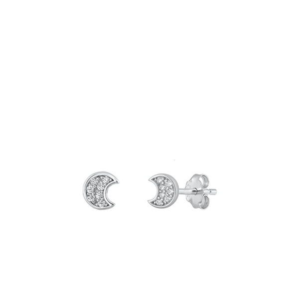 Sterling Silver Clear CZ Crescent Moon Stud High Polished Earrings .925 New