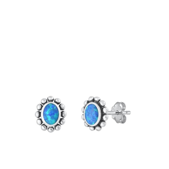 Sterling Silver Blue Lab Opal Oxidized Stud High Polished Earrings .925 New
