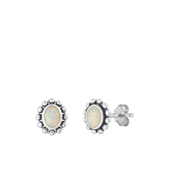 Sterling Silver White Lab Opal Oxidized Stud High Polished Earrings .925 New