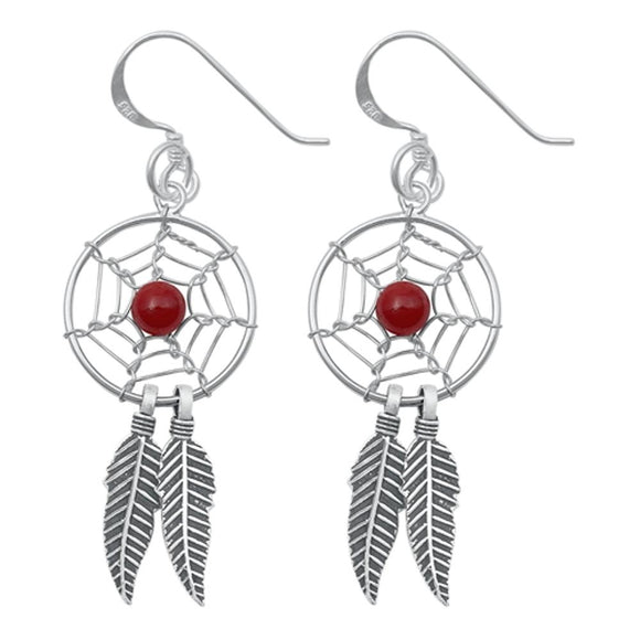 Sterling Silver Polished Native American Feather Dreamcatcher Earrings 925 New