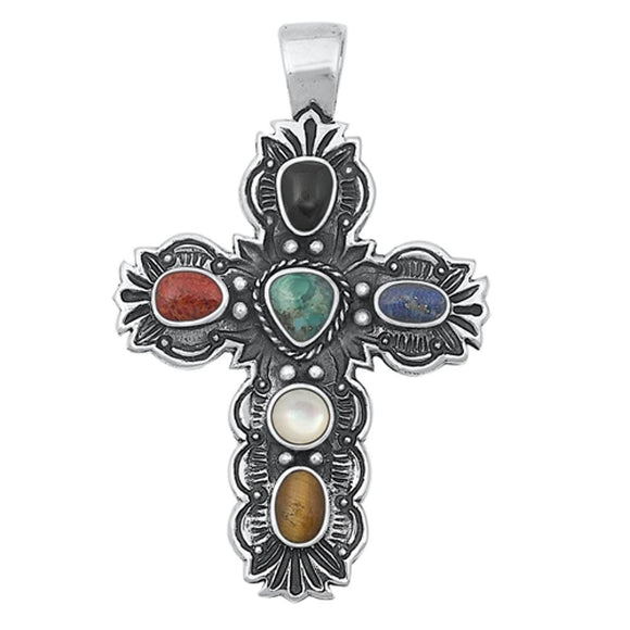 Sterling Silver Polished Black Agate Turquoise Abalone Pendant Cross Charm 925