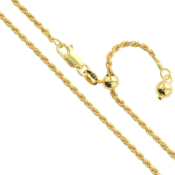 Rope Gold Plated Adjustable 040 - 2mm - Sterling Silver Chain Necklace