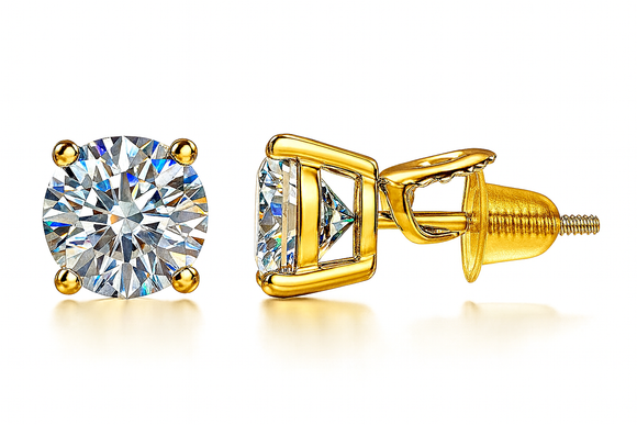 Gold Over Sterling Silver VVS1 Moissanite Stud Round Screw Back 2 ct Earrings