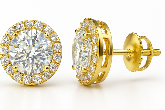 Gold Over Sterling Silver VVS1 Moissanite Stud Halo Screw Back 1 ct 925 Earrings