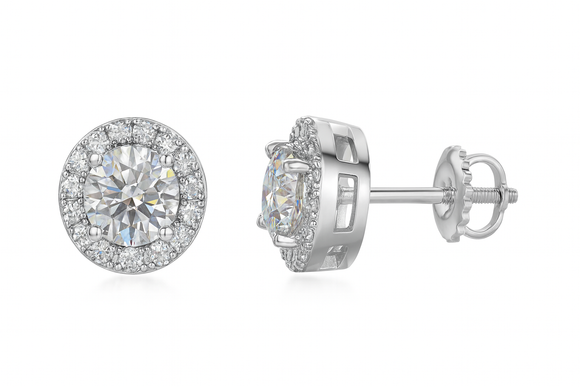 Sterling Silver VVS1 Moissanite Stud Solitaire Halo Screw Back 1 ct 925 Earrings