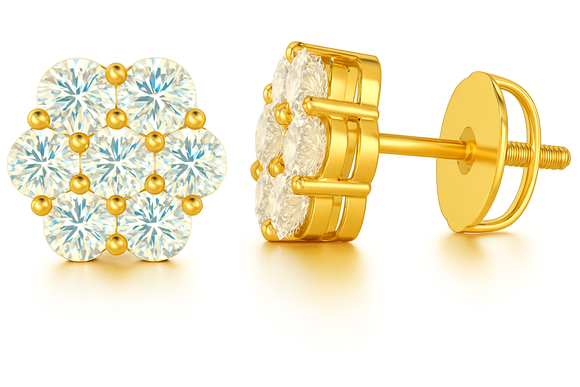 Gold Over Sterling Silver VVS1 Moissanite Stud Flower Screw Back 0.75ct Earrings