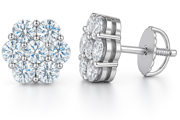 Sterling Silver VVS1 Moissanite Stud Flower Screw Back 1 ct Solid 925 Earrings