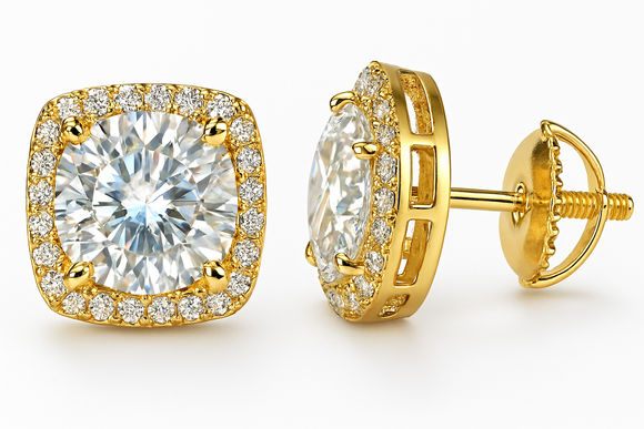 Gold Over Sterling Silver VVS1 Moissanite Stud Halo Screw Back 3.5 ct Earrings
