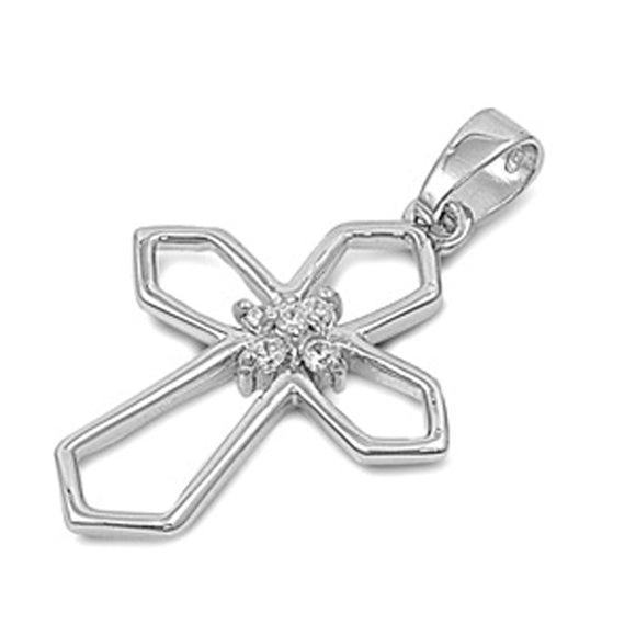 Geometric Cross Outline Pendant Clear Simulated CZ .925 Sterling Silver Charm