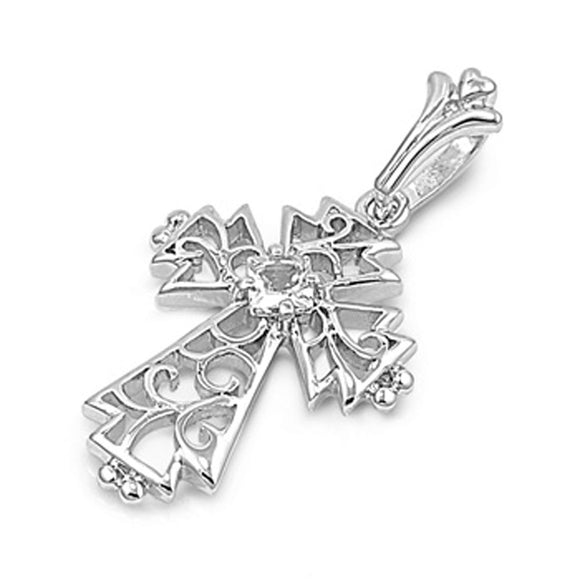 Sterling Silver Elegant Cutout Vintage Cross Clear Simulated CZ Pendant Charm