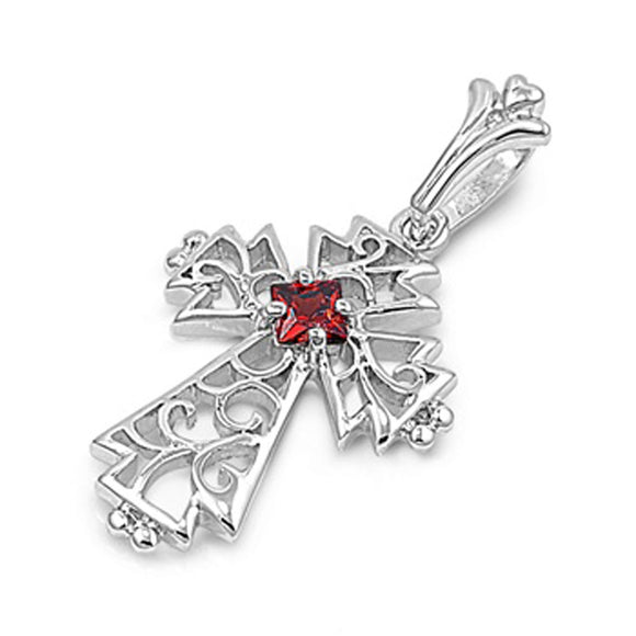 Sterling Silver Solitaire Ornate Medieval Cross Pendant Simulated Garnet Charm