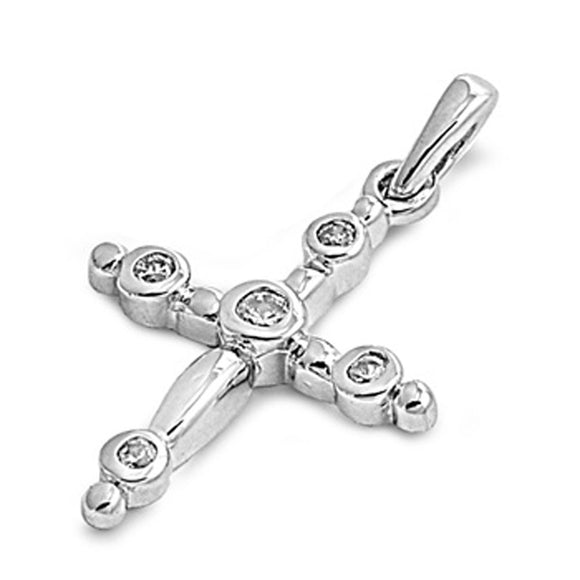 Circle Classic Round Cross Pendant Clear Simulated CZ .925 Sterling Silver Charm