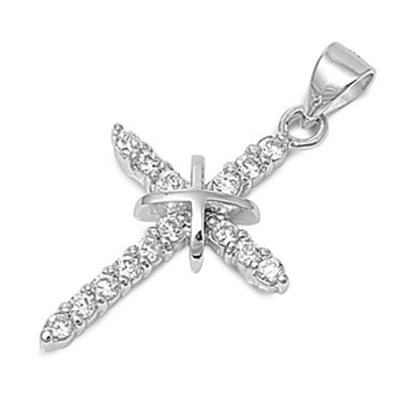 Studded X Cross Pendant Clear Simulated CZ .925 Sterling Silver Religious Charm