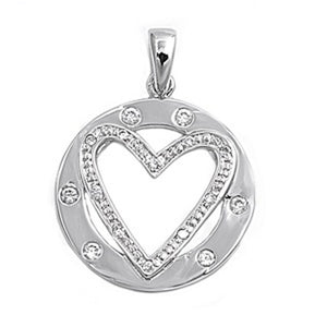Sterling Silver Circle Unique Promise Heart Pendant Clear Simulated CZ Charm