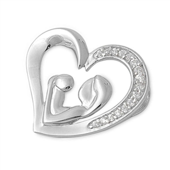 Sterling Silver Mother and Child Promise Heart Clear Simulated CZ Pendant Charm