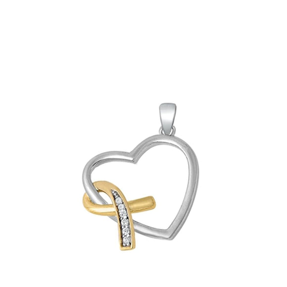Sterling Silver Gold-Tone Awareness Ribbon Heart Pendant Clear Simulated CZ