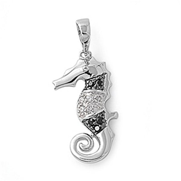Studded Cluster Seahorse Pendant Black Simulated CZ .925 Sterling Silver Charm