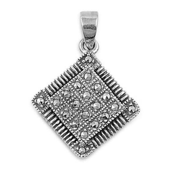 Sterling Silver Studded Checkerboard Tile Pendant Simulated Marcasite Charm