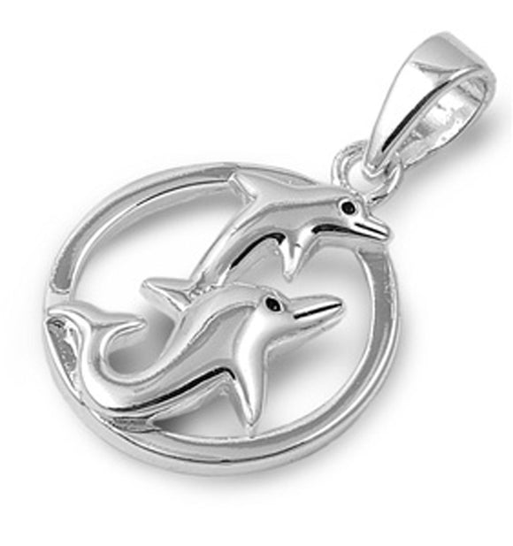 Animal Double Dolphin Pendant .925 Sterling Silver Best Friends Cute Swim Charm