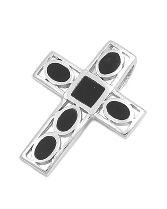 Modern Oval Inlay Cross Pendant Black Simulated Onyx .925 Sterling Silver Charm