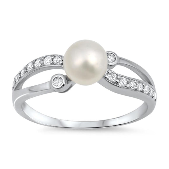 Sterling Silver Woman's Freshwater Pearl Clear CZ Ring Cute 925 Band Sizes 4-10