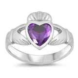 Amethyst CZ Beautiful Claddagh Heart Ring .925 Sterling Silver Band Sizes 4-10