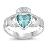 Aquamarine CZ Claddagh Heart Cute Ring New .925 Sterling Silver Band Sizes 4-10