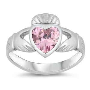 Pink CZ Claddagh Heart Friendship Ring New .925 Sterling Silver Band Sizes 4-10