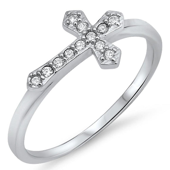 Sterling Silver Woman's Clear CZ Sideways Cross Ring Unique Band 9mm Sizes 4-10