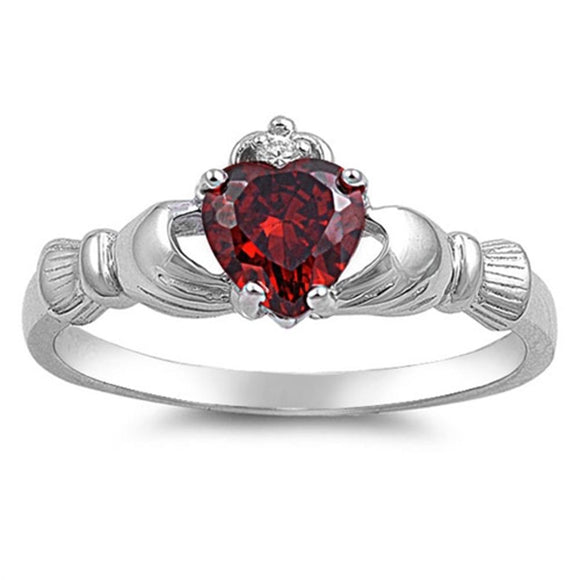Garnet CZ Unique Claddagh Heart Promise Ring New .925 Sterling Silver Band Sizes 4-13