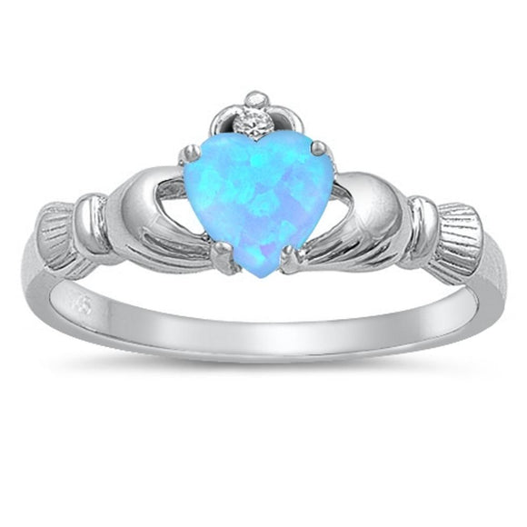 Blue Lab Opal Unique Claddagh Promise Ring .925 Sterling Silver Band Sizes 4-12