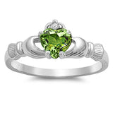 Peridot CZ Claddagh Heart Friendship Ring .925 Sterling Silver Band Sizes 4-12