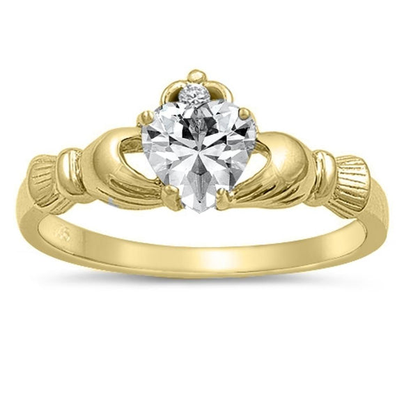 Gold Tone Claddagh Heart White CZ Ring New .925 Sterling Silver Band Sizes 3-12