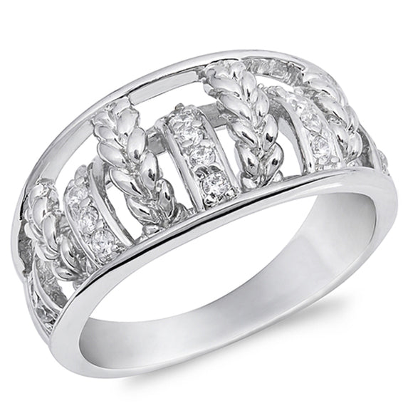 White CZ Filigree Leaf Vine Cutout Ring New .925 Sterling Silver Band Sizes 6-10