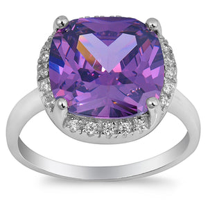 Amethyst CZ Large Solitaire Halo Ring New .925 Sterling Silver Band Sizes 5-10