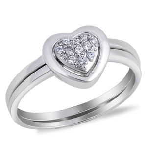Clear CZ Heart Love Friendship Ring Set New .925 Sterling Silver Band Sizes 5-9