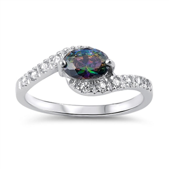 Rainbow Topaz CZ Unique Curved Elegant Ring .925 Sterling Silver Band Sizes 5-10