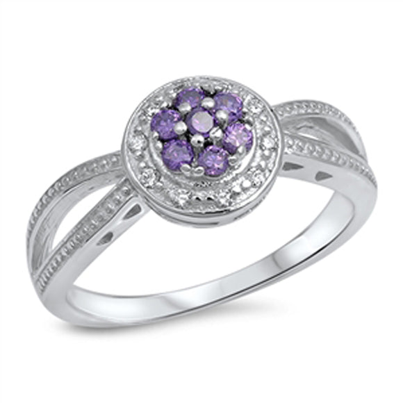 Amethyst CZ Unique Flower Criss Cross Ring .925 Sterling Silver Band Sizes 5-10