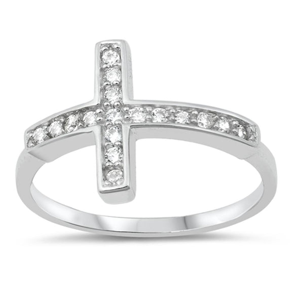 Sterling Silver Woman's Clear CZ Sideways Cross Ring 925 Band 18mm Sizes 4-10