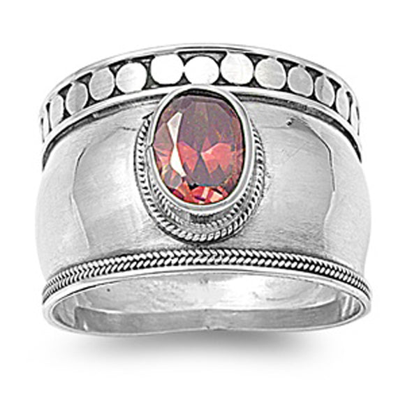 Sterling Silver Woman's Bali Garnet CZ Ring Polished 925 Band 15mm Sizes 4-12