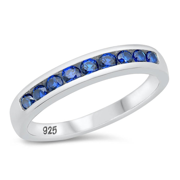 Men's Wedding Band Blue Sapphire CZ Modern Ring .925 Sterling Silver Sizes 3-12