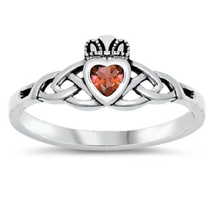 Garnet CZ Celtic Knot Antiqued Claddagh Ring 925 Sterling Silver Band Sizes 3-10