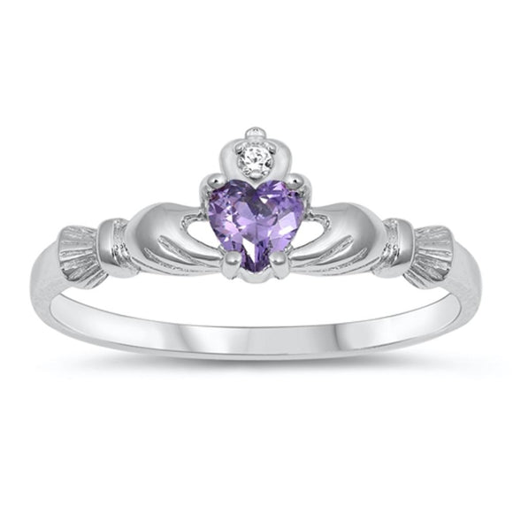 Sterling Silver Claddagh Ring Amethyst CZ Traditional Irish Knot Band Sizes 1-9