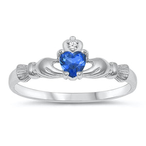 Irish Claddagh Friendship Sterling Silver Ring Blue Sapphire CZ Heart Sizes 1-10