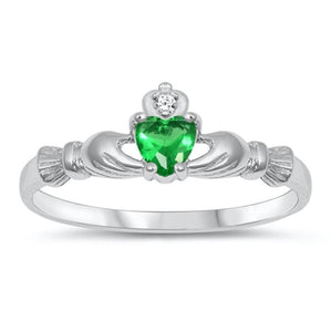 Sterling Silver Irish Claddagh Friendship Ring Emerald CZ Heart Sizes 1-10