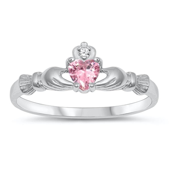 Sterling Silver Claddagh Ring Pink Ice CZ Traditional Irish Knot Band Sizes 1-10