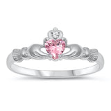 Sterling Silver Claddagh Ring Pink Ice CZ Traditional Irish Knot Band Sizes 1-10