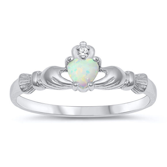 Traditional Claddagh White Lab Opal Fashion Ring .925 Sterling Silver Sizes 3-10